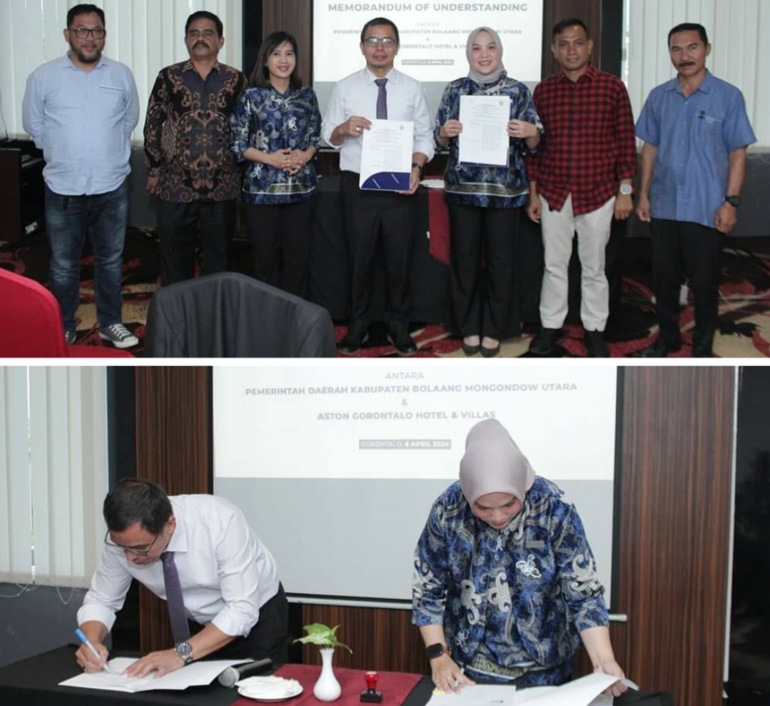 Penandatanganan Perjanjian Kerjasama (MOU) antara Pemda Bolmut dengan Aston Gorontalo Hotel & Villas tentang pemanfaatan jasa layanan akomodasi dan rapat bertempat di Bionumo Room Aston Hotel Gorontalo, Sabtu (6/4/2024).